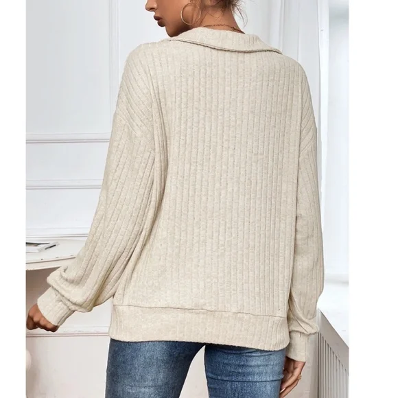 Cream Ribbed Collared V-Neck Sweater (size large) - Picture 3 of 6